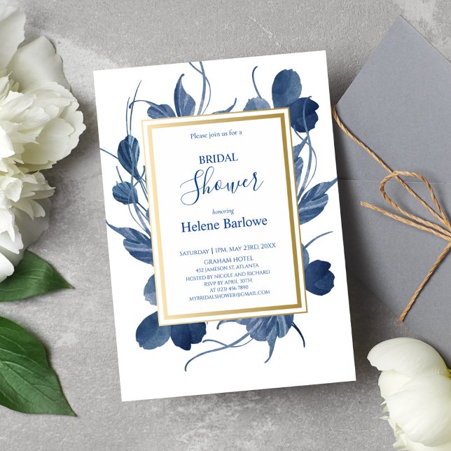 Modern Navy Blue Floral Watercolor Bridal Shower Invitation (Creator Uploaded)