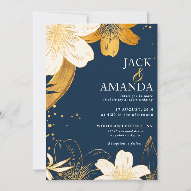 Modern Navy Blue Flower Chic Wedding Invitation (Front)