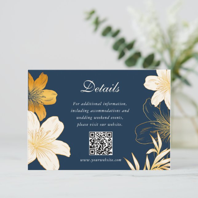 Modern Navy Blue Flower Wedding Enclosure Cards (Standing Front)