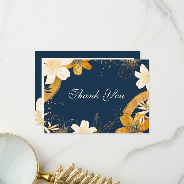 Modern Navy Blue Flower Wedding Thank You Cards (Front/Back In Situ)