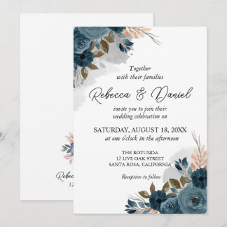 Modern navy blue flowers wedding invitation