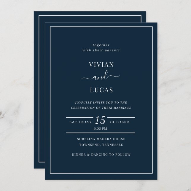 Modern Navy Blue Formal Minimal Wedding Invitation (Front/Back)