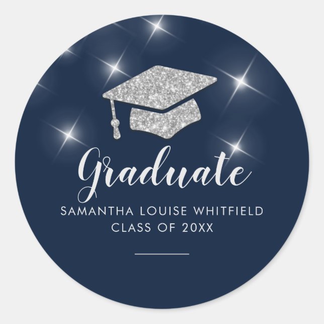 Modern Navy Blue Glitter Silver Cap Graduation Classic Round Sticker (Front)