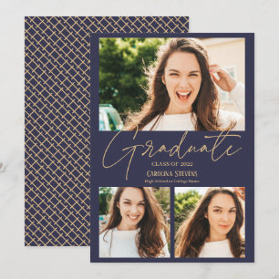 Modern navy blue gold 3 photos collage graduation announcement