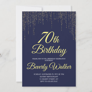 Modern Navy Blue Gold 70th Birthday Party Invitation