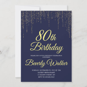 Modern Navy Blue Gold 80th Birthday Party Invitation