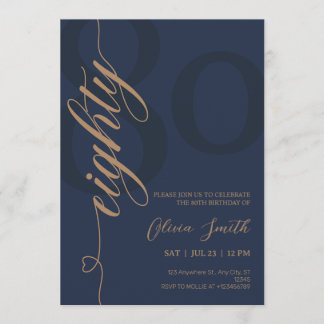 Modern Navy Blue & Gold 80th Birthday Party Invitation