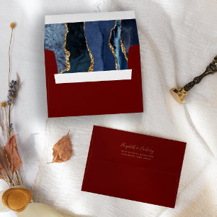 Modern Navy Blue Gold Agate Burgundy Wedding Envelope
