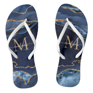 Modern Navy Blue Gold Agate Geode Girly Monogram Flip Flops