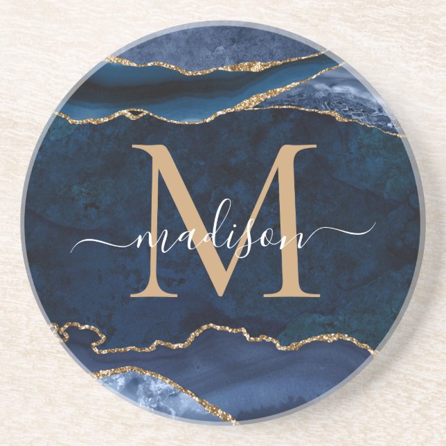 Modern Navy Blue Gold Agate Geode Glitter Monogram Coaster (Front)