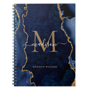 Modern Navy Blue Gold Agate Geode Monogram Script Notebook