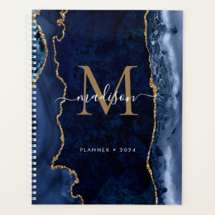 Modern Navy Blue Gold Agate Geode Monogram Script  Planner