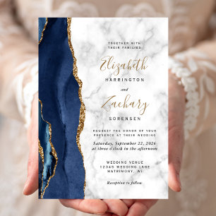 Modern Navy Blue Gold Agate Marble Wedding Invitation