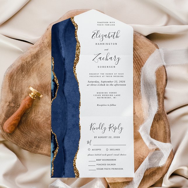 Modern Navy Blue Gold Agate Meal Choice Wedding All In One Invitation (Creator Uploaded)