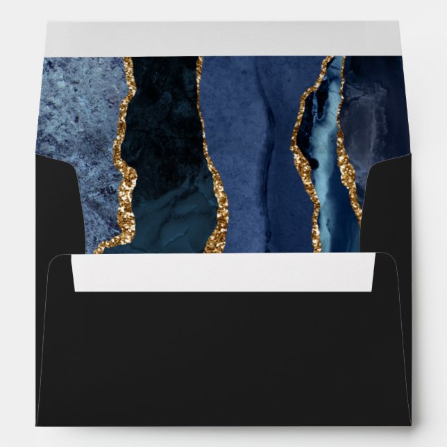 Modern Navy Blue Gold Agate Off-Black Wedding Envelope (Back (Bottom))
