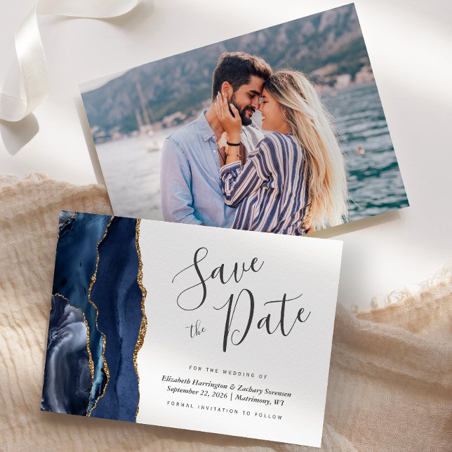 Modern Navy Blue Gold Agate Photo Save the Date Invitation (Creator Uploaded)