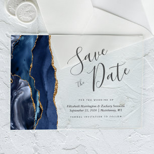 Modern Navy Blue Gold Agate Save the Date Acrylic Invitations