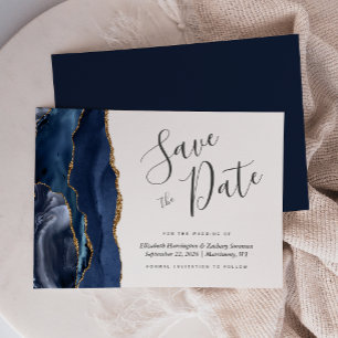 Modern Navy Blue Gold Agate Save the Date Invitation