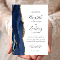 Modern Navy Blue Gold Agate Wedding Invitation