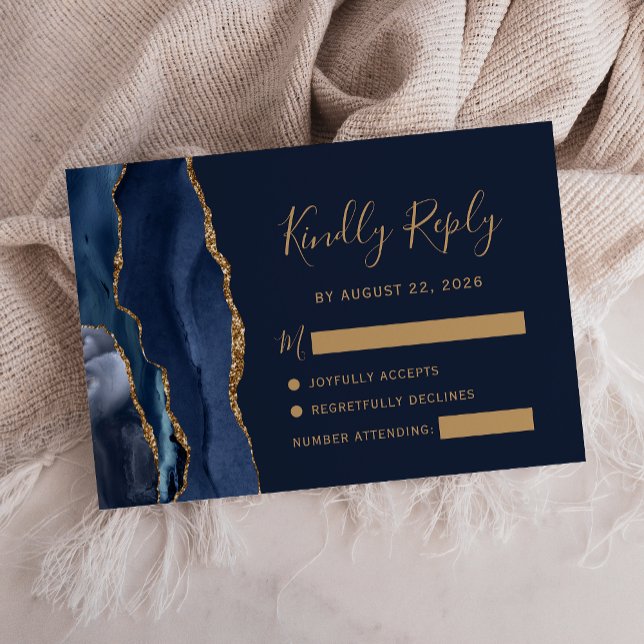 Modern Navy Blue Gold Agate Wedding RSVP Card (Creator Uploaded)