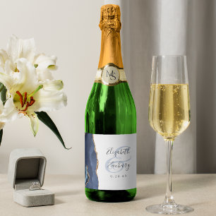 Modern Navy Blue Gold Agate Wedding Sparkling Wine Label