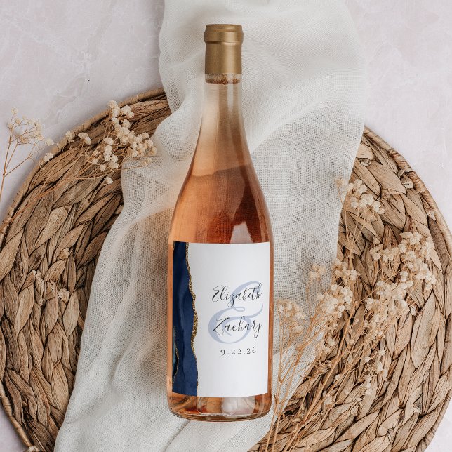 Modern Navy Blue Gold Agate Wedding Wine Label (Creator Uploaded)