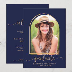 Modern Navy Blue Gold Arch Photo Graduation Invitation