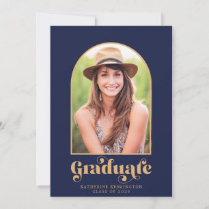 Modern Navy Blue Gold Arch Photo Graduation Party Invitation