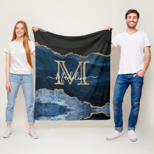 Modern Navy Blue Gold Black Monogram Script Fleece Blanket