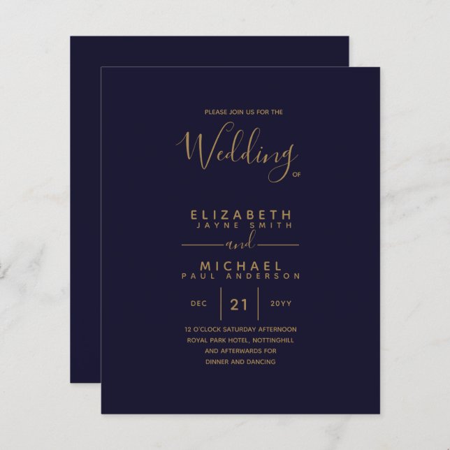 Modern Navy Blue Gold Budget Wedding Invites (Front/Back)