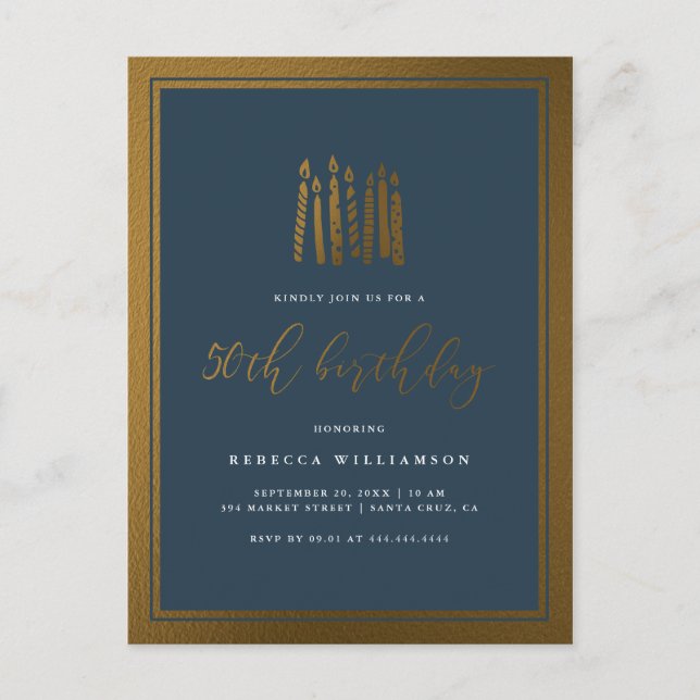 Modern Navy Blue & Gold Candles 50th Birthday Invitation Postcard (Front)