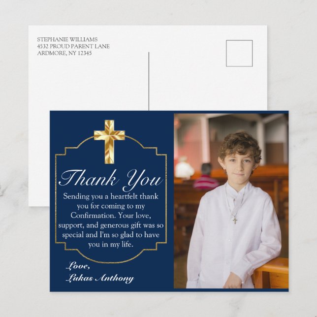 Modern Navy Blue Gold Cross Confirmation Thank You Postcard (Front/Back)