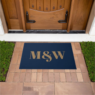 Modern navy blue gold custom couple monogram chic doormat