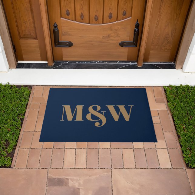 Modern navy blue gold custom couple monogram chic doormat (Outdoor)