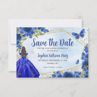 Modern Navy Blue Gold Floral Princess Quinceañera