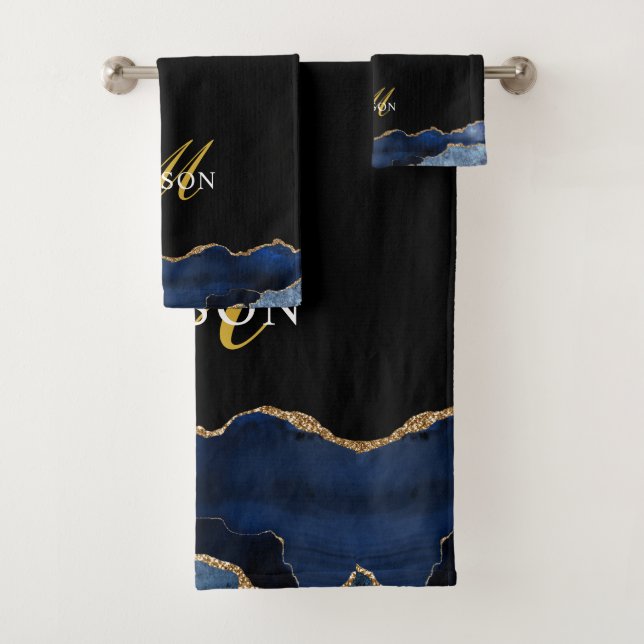 Modern Navy Blue Gold Glitter Agate Geode Monogram Bath Towel Set (Insitu)