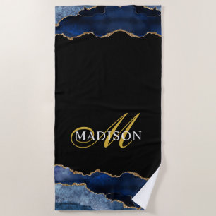 Modern Navy Blue Gold Glitter Agate Geode Monogram Beach Towel