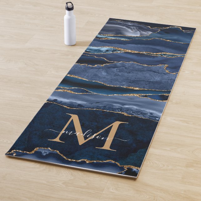Modern Navy Blue Gold Glitter Agate Geode Monogram Yoga Mat (In Situ)