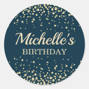 Modern Navy Blue Gold Glitter Birthday Classic Round Sticker