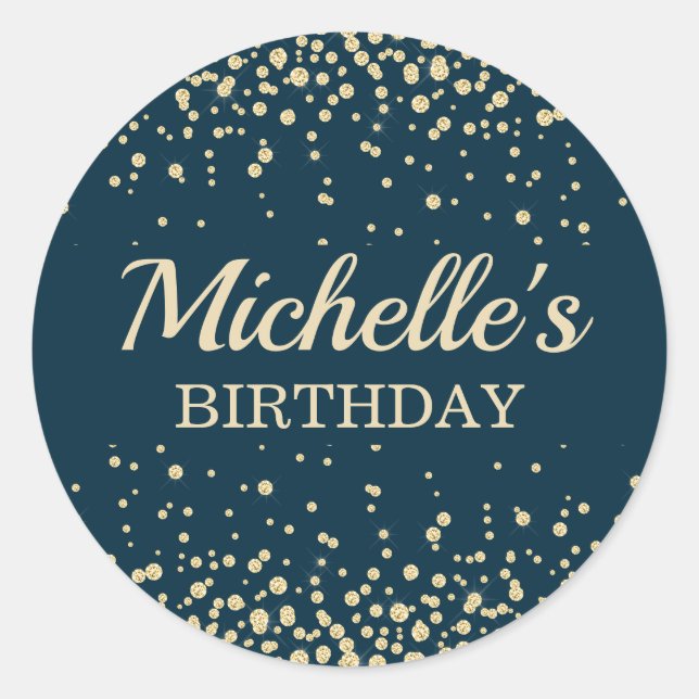 Modern Navy Blue Gold Glitter Birthday Classic Round Sticker (Front)