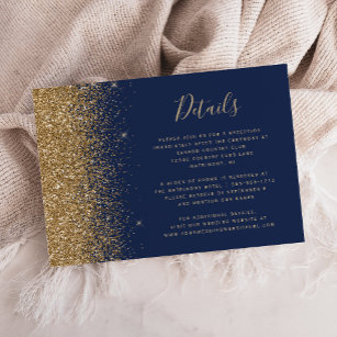 Modern Navy Blue Gold Glitter Edge Wedding Details Enclosure Card
