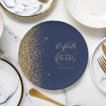 Modern Navy Blue Gold Glitter Edge Wedding Paper Plate<br><div class="desc">The left-hand edge of these elegant modern wedding paper plates features a gold faux glitter design. Personalize them with the names of the bride and groom in pale gold-coloured handwriting script over a large ampersand on a navy blue background,  with the wedding date below.</div>
