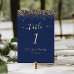 Modern Navy Blue Gold Glitter Edge Wedding Table Number<br><div class="desc">The top edge of this elegant modern wedding table number features a gold faux glitter design. The customizable text combines pale gold-coloured handwriting,  copperplate and italic fonts on a navy blue background.</div>