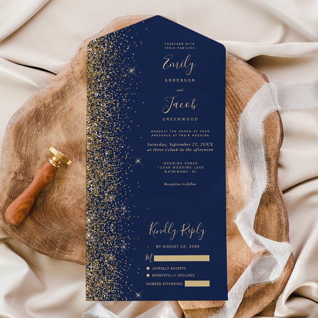 Modern Navy Blue Gold Glitter Wedding All In One Invitation (Creator Uploaded)