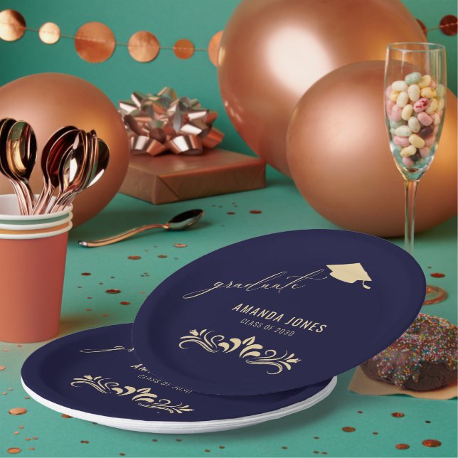 Modern Navy Blue Gold Grad Cap Graduation  Paper Plate (Multi)