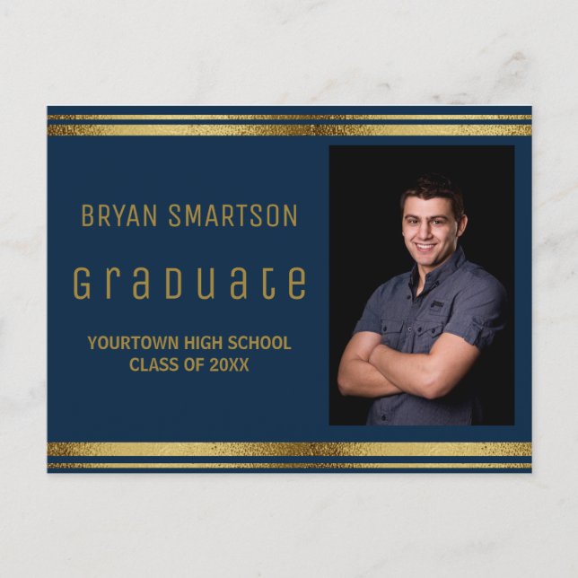 Modern Navy Blue Gold Graduation Party Photo Postcard (Front)