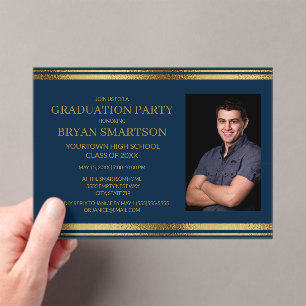 Modern Navy Blue Gold Graduation Photo Acrylic Invitations