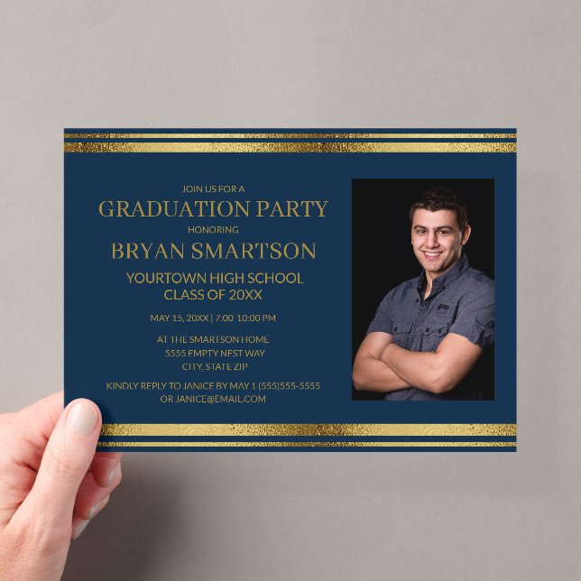 Modern Navy Blue Gold Graduation Photo Acrylic Invitations (Insitu (Handheld))