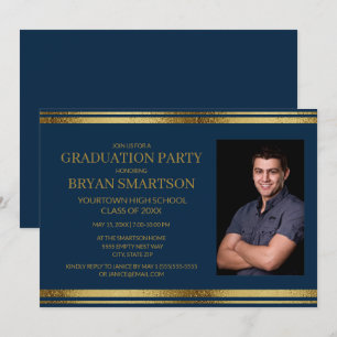 Modern Navy Blue Gold Graduation Photo Invitation