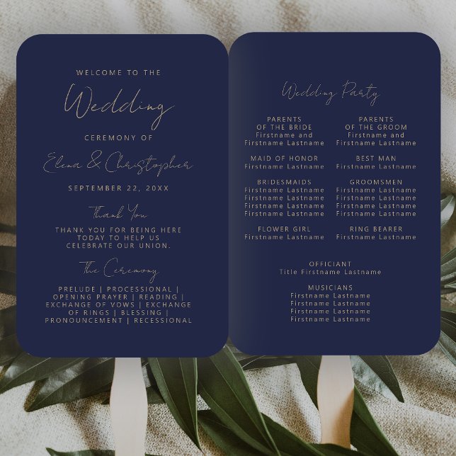Modern Navy Blue Gold Handwriting Wedding Program Hand Fan (Creator Uploaded)